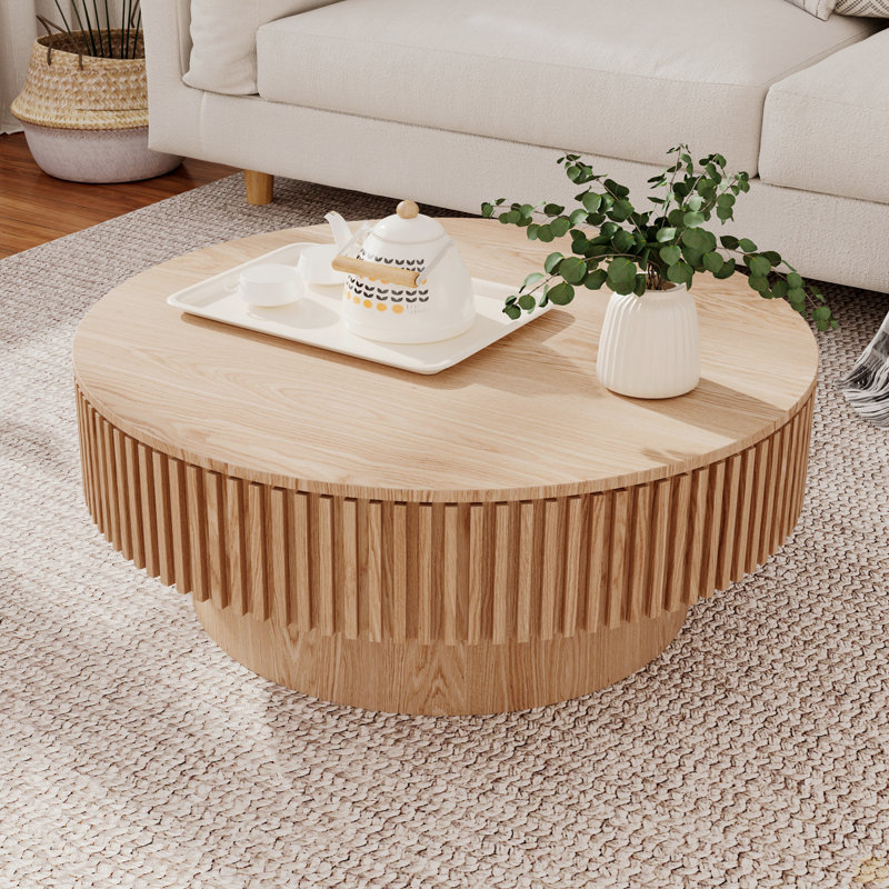 Table basse 31,5 "ronde avec rangement Table d'appoint moderne en placage de bois massif, Bois naturel