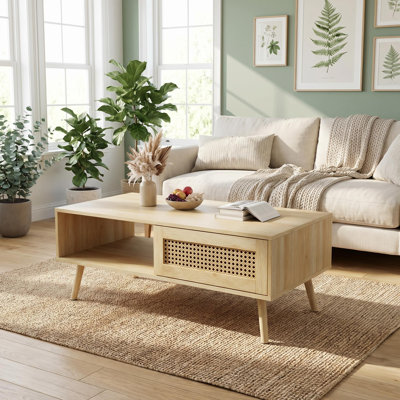 Table basse moderne en rotin avec portes coulissantes, 3 compartiments de rangement, pieds en bois massif, table de rangement centrale compacte pour condos, naturel