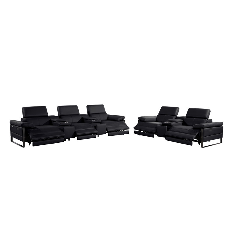 Ensemble de causeuse inclinable électrique modulaire en cuir et console avec appuis-tête réglables et consoles doubles