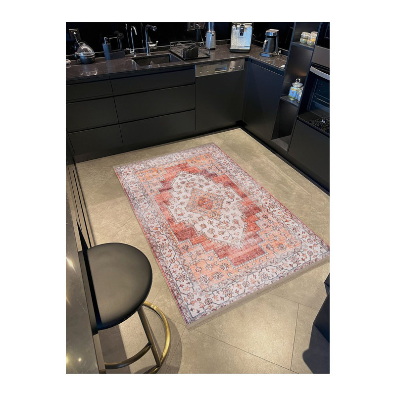 Tapis décoratif lavable à la machine à motif traditionnel orange, Rectangle 2 pi 6 po x 4 pi 11 po