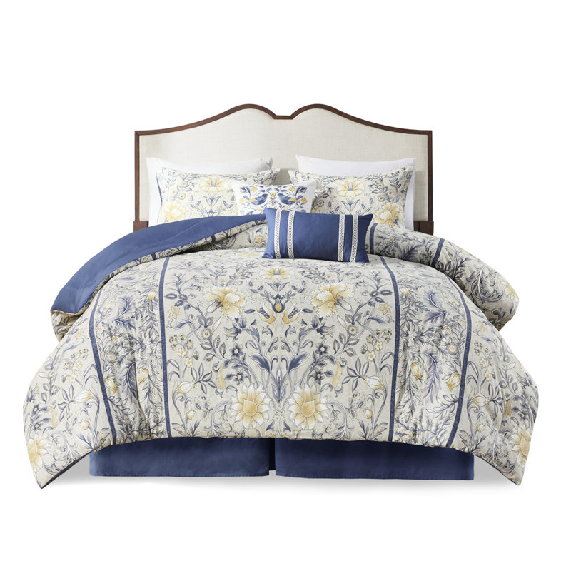 6 Piece Full Cotton Comforter - Botanical Print In Blue & Yellow Fine Craftsmanship And Luxury
