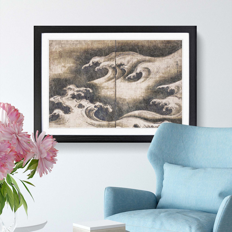 Rough Waves by Ogata Korin - Picture Frame Graphic Art Print, 50cm H x 76cm W x 2cm D, Black