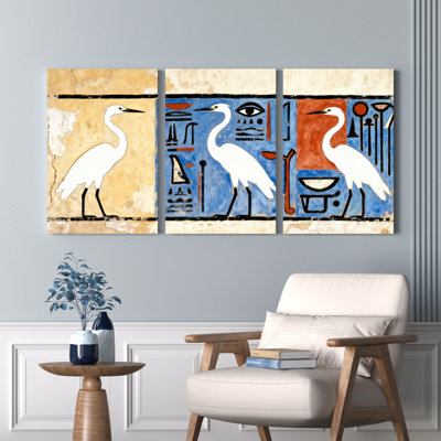 Ensemble de 3 tableaux sur toile représentant des hiéroglyphes égyptiens et un héron