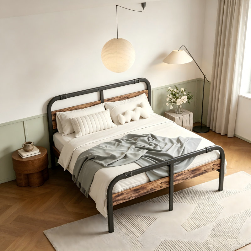 Base de lit plateforme très grand 14 po avec tête de lit en bois massif, aucun sommier nécessaire, base de lit en métal compatible avec tous les matelas, assemblage facile