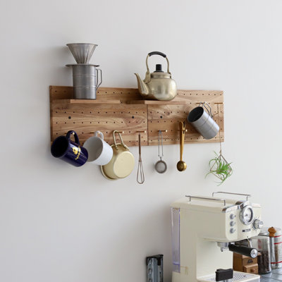  Solid Elm Pegboard Wall Organizer Set with 2 Shelves and 8 Pegs