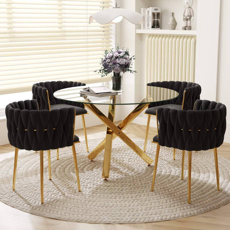 Ensemble de salle à manger Ayron, table de salle à manger avec pieds croisés et chaise de salle à manger en velours, Noir