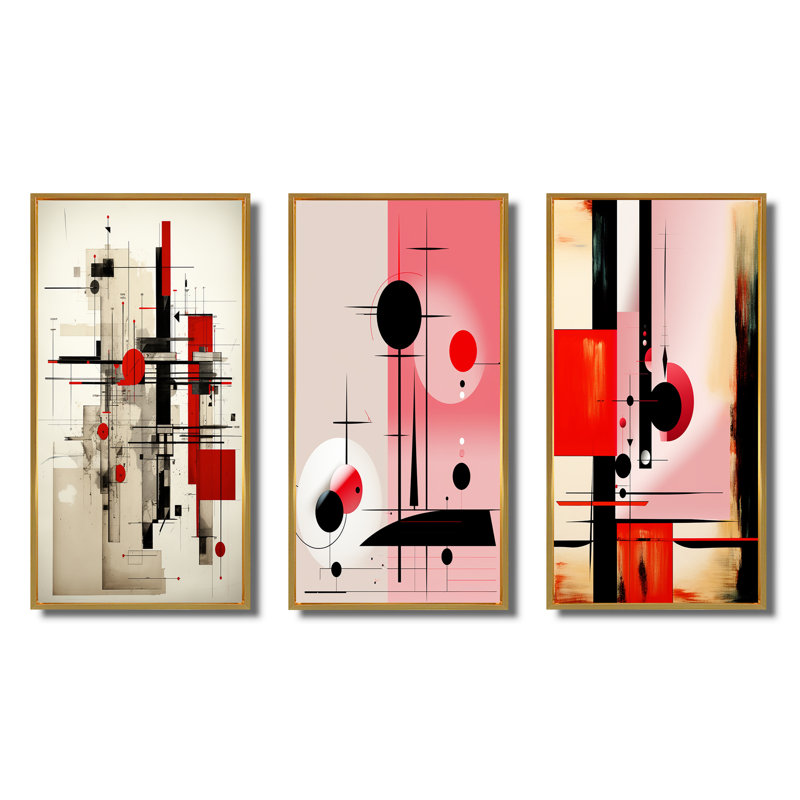 «Red and Blue Retro Illustration», 3 pièces sur toile, Cadre flottant doré, H 20 po x l 36 po