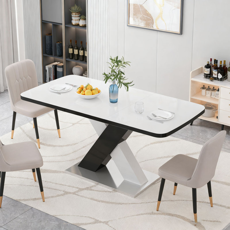 Modern Rectangle Dining Table with Marble Table Top+MD, White/Black, White/Black