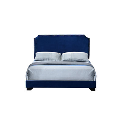 Blue Velvet Queen - Sized Bed With 4 Slats, Nailhead Trim Embellishment, Wooden Leg Foundation, Box Spring Required, Poplar Wood And Makeup, 6" Floor Separation, 660Lbs Weight Threshold, 84" In