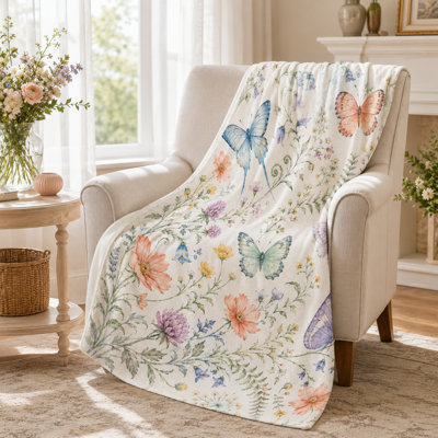 Watercolor Meadow Butterfly Throw Blanket, Cream Flannel with Blue, Peach and Lavender Wings, Wildflowers and Botanical Sprigs for Sofa or Bed, 40 x 50 in