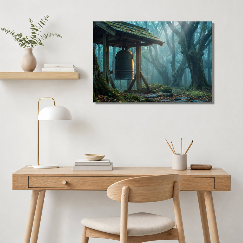 Cloche de temple en bronze dans une forêt brumeuse - Tableau sur toile, 24"H x 36"W