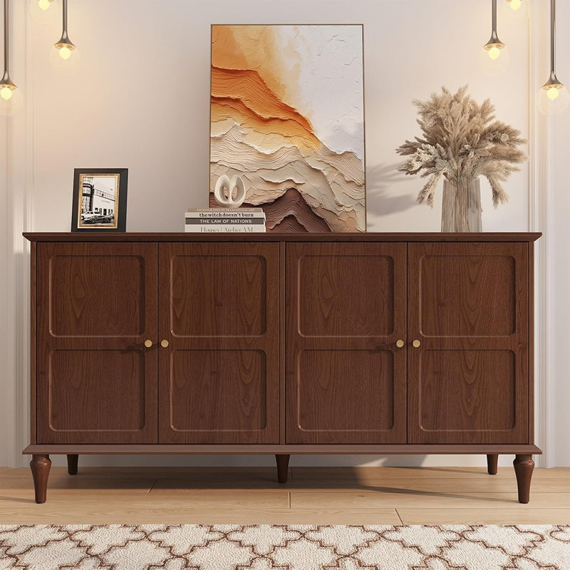 Buffet Mid-Century avec 4 portes et tablettes réglables, brun