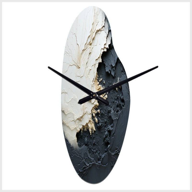Damariya, minimalisme, peinture en noir et blanc, vague III - horloge murale côtière asymétrique en métal, horloge murale incurvée crème