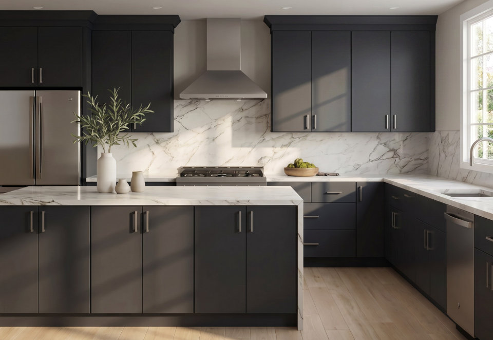 Modern kitchen featuring dark charcoal cabinets, a marble waterfall island, stainless steel appliances, and light wood flooring.