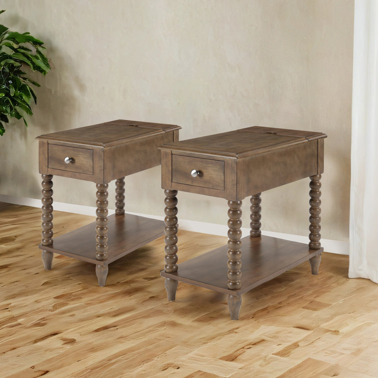 24" Tall Rustic Solid Wood End Table With Built-In Power Outlet And USB Port