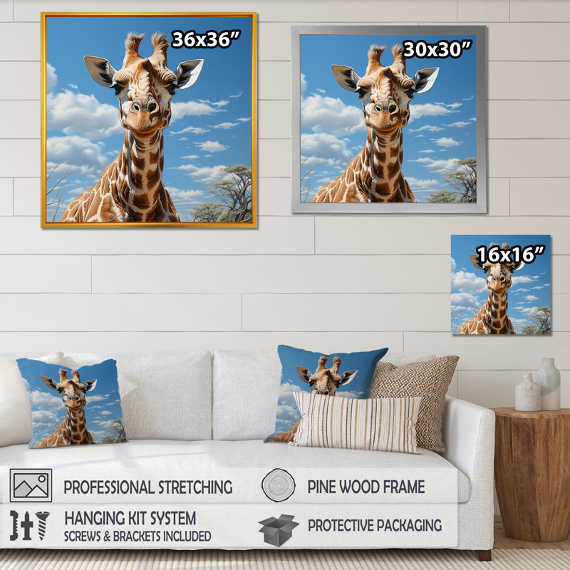 Girafe brune rêveuse à long cou sur toile, H 30 po x l 30 po x P 1 po, Cadre doré simple