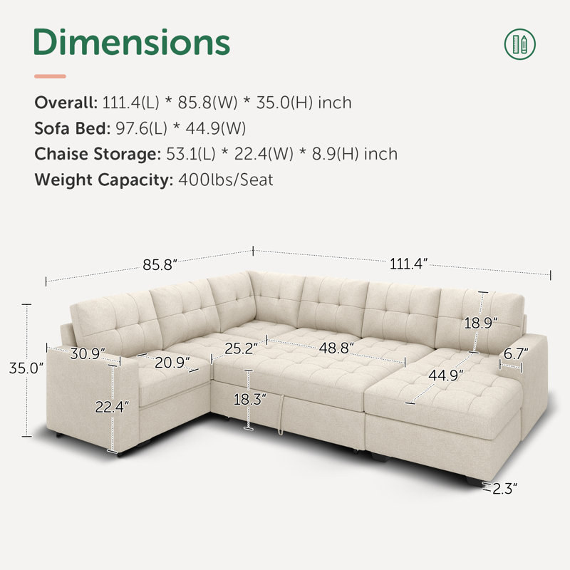 Epping Chasidi U-Shaped Sleeper Sectional Tufted Sofa Bed with Storage Chaise, Beige Polyester