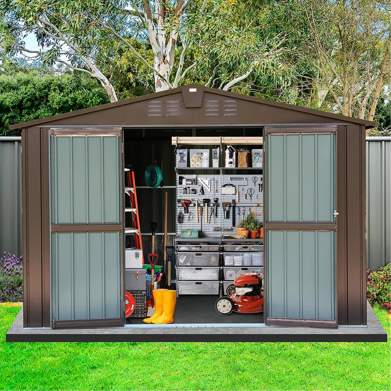 Remise de rangement extérieure brune 10 pi x 8 pi en métal avec double porte verrouillable à ventilation efficace, imperméable et imperméable