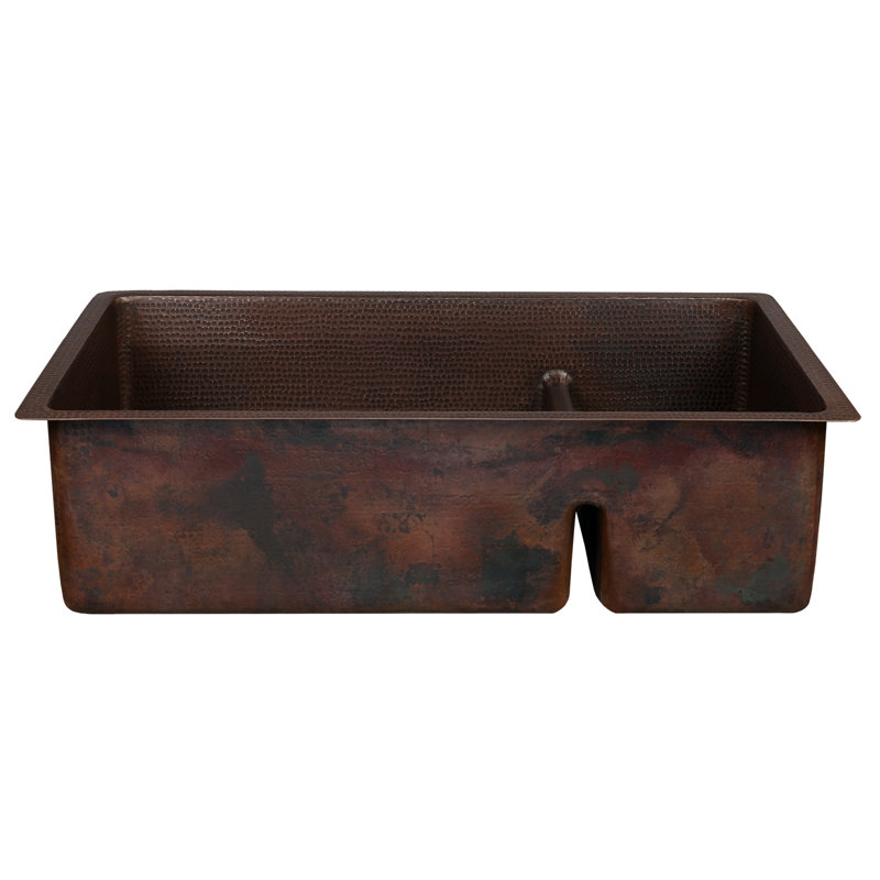 33" Hammered Copper Kitchen 70/30 Double Basin Sink with Short 5" Divider w/ Matching Drains and Accessories