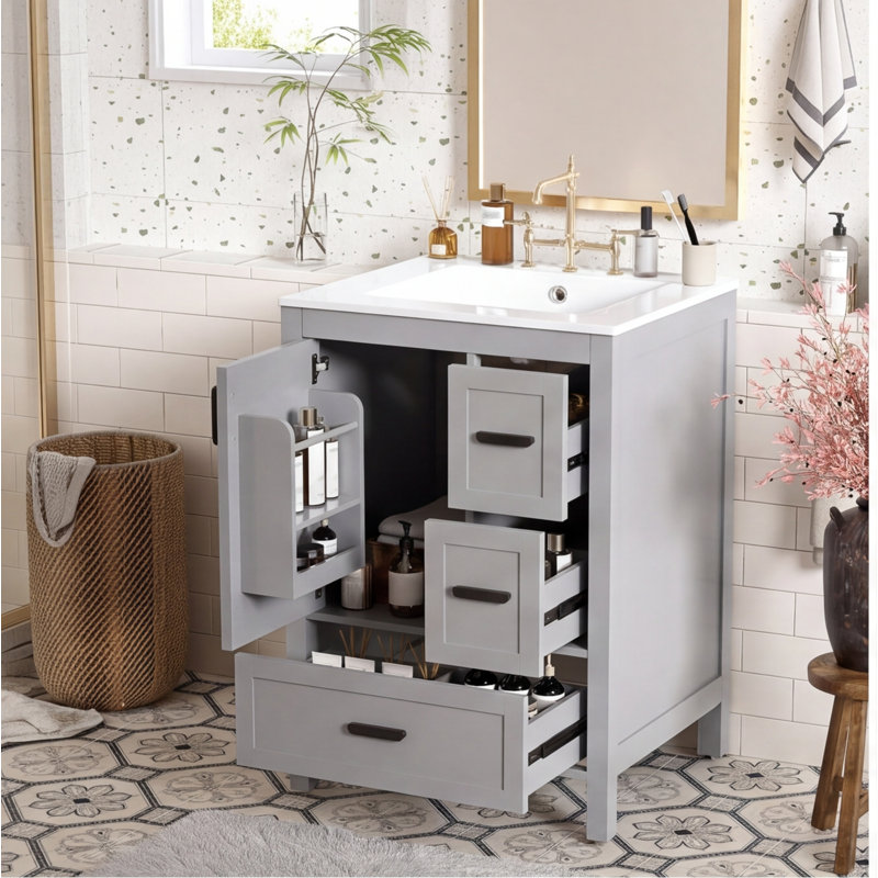 Meuble-lavabo moderne de 61 cm (24 po) avec lavabo en céramique, porte à fermeture amortie, double tablette et 3 tiroirs - Gris
