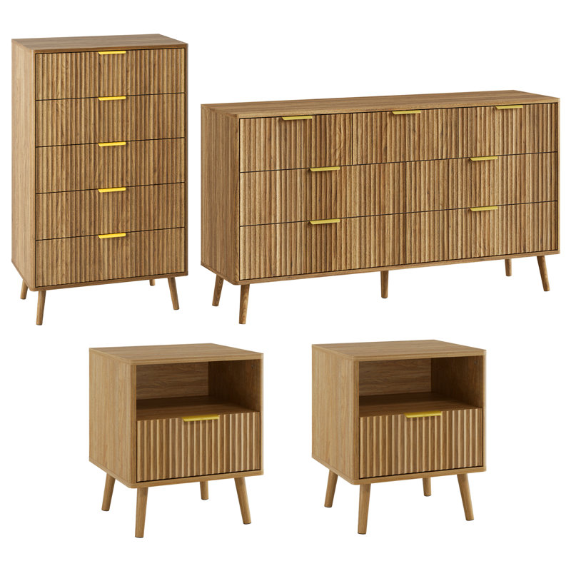 4 Piece Bedroom Set, Dresser And Nightstands Set, Walnut
