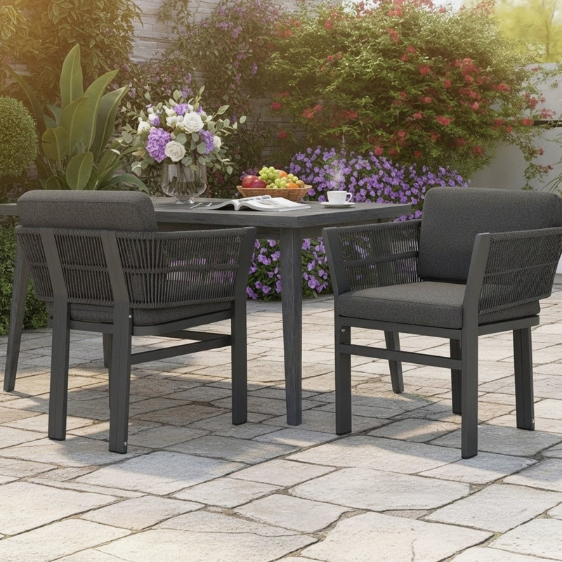 Outdoor Dining Chair Set Of 2 ,Grey Aluminum Frame With Grey Cushion, 300Lbs Capacity, All-Weather Patio Seating For Backyard, Deck & Garden