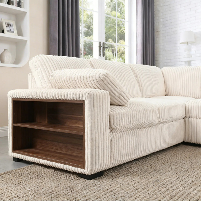 116" Corduroy Sectional Sofa Couch with Pull Out Twins Bed Sleeper Sofa and Chaise with storage, Beige Corduroy
