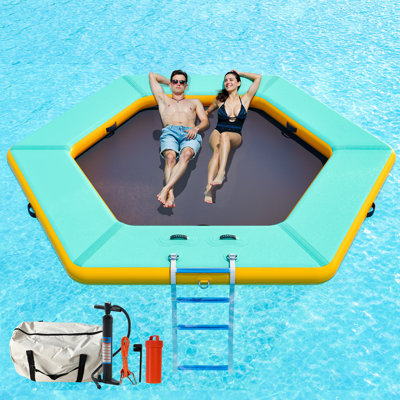 Hamac gonflable à anneau flottant hexagonal de 10 pi avec échelle souple, radeau de lac robuste pour piscine et lac, radeau gonflable pouvant accueillir plusieurs personnes pour une fête estivale, vert menthe et noir