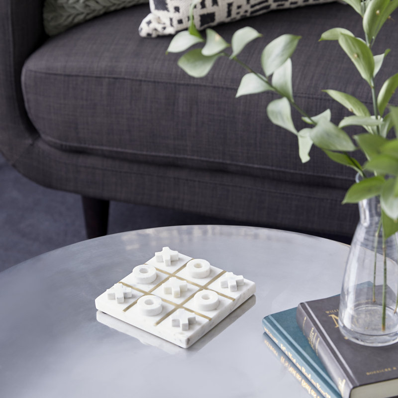 Ensemble de jeu blanc Gryffon Marble Tic Tac Toe avec incrustation dorée