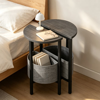 Ensemble de 2 tables d'appoint demi-rondes avec panier de rangement, tables d'appoint hautes au design unique en demi-lune, tables de chevet modernes pour le salon, la chambre à coucher et le couloir