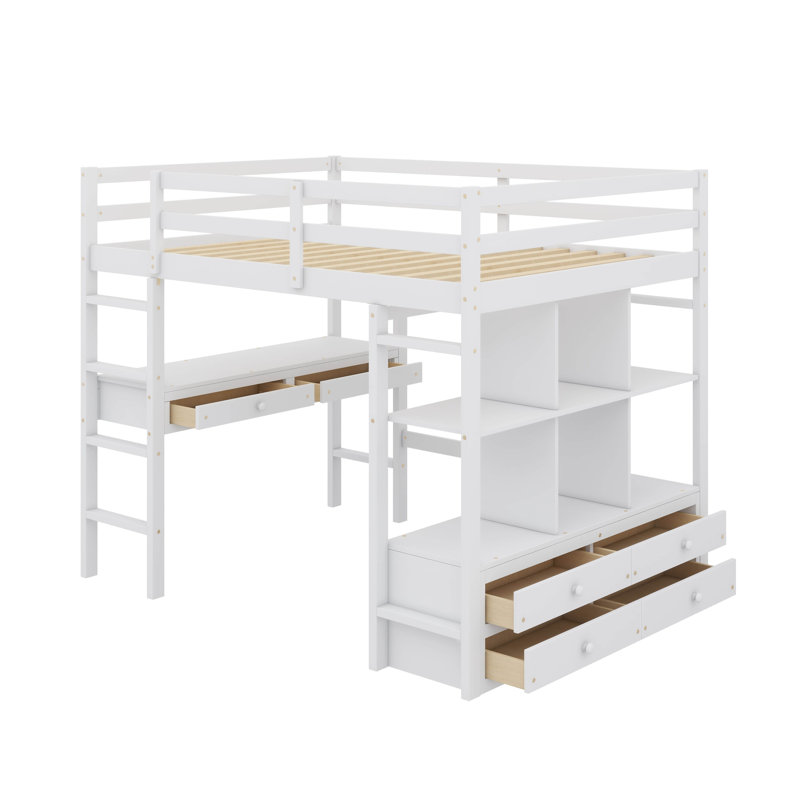 Full Size Loft Bed With Built-In Desk, Comes With Two Drawers, Storage Spaces, And Extra Drawers