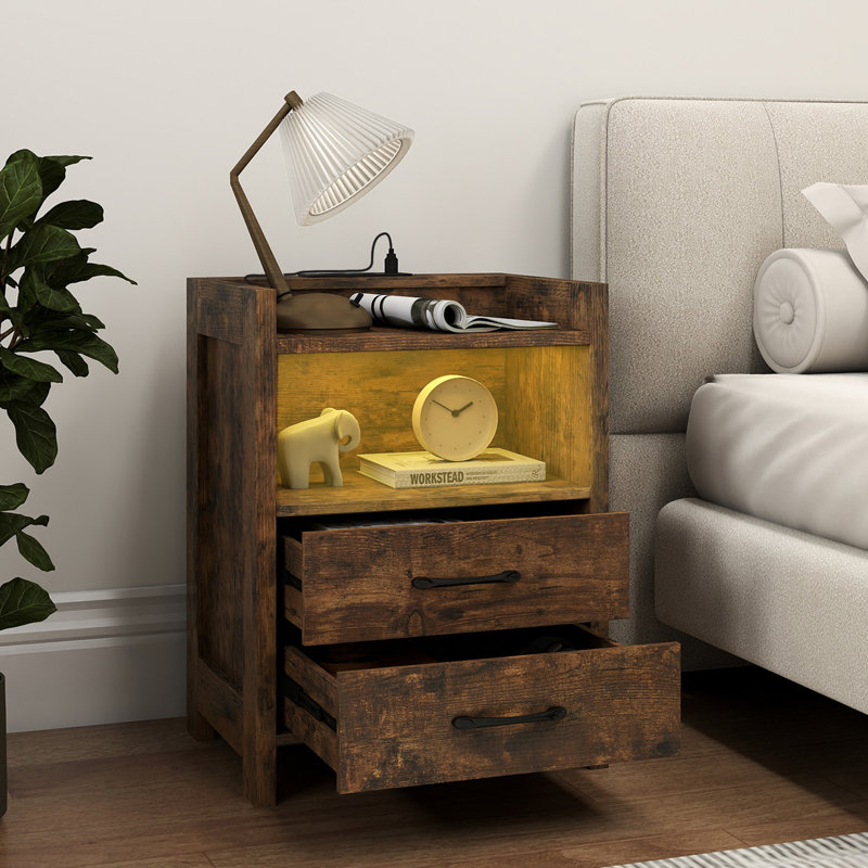 Nightstand LED Bedside Table With LED Lights & Power Outlets, Brown