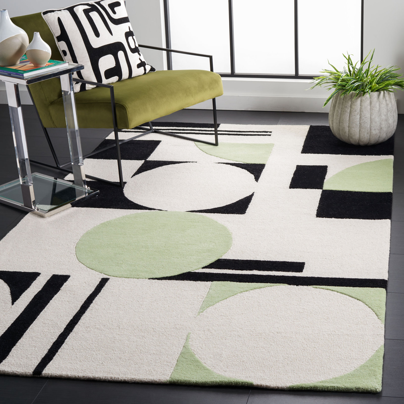 Felipe Green Black White Hand-Tufted Wool Rug, Rectangle 6' x 9'
