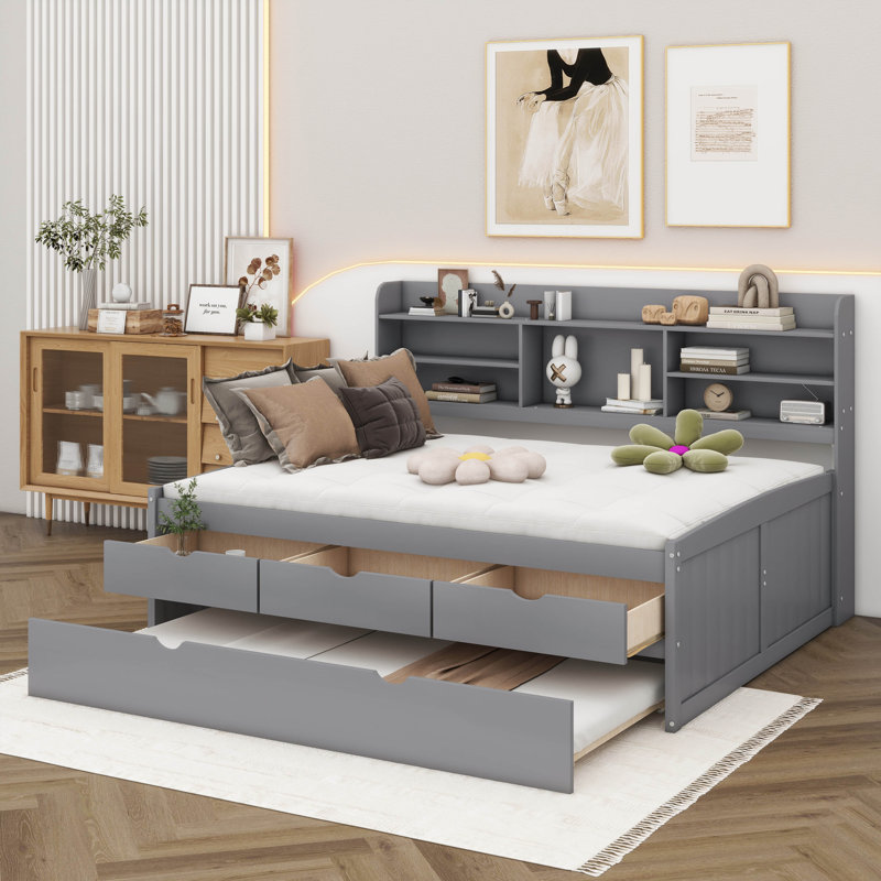 Lit capitaine double en bois avec tablettes intégrées, trois compartiments de rangement et lit gigogne escamotable