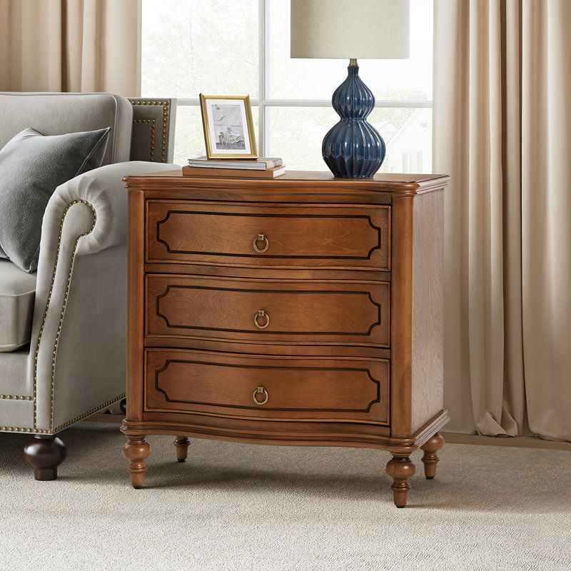 Elfine 28'' W Traditional Curves End Table with Charging Station and Solid Wood Legs and Metal Knob, Walnut