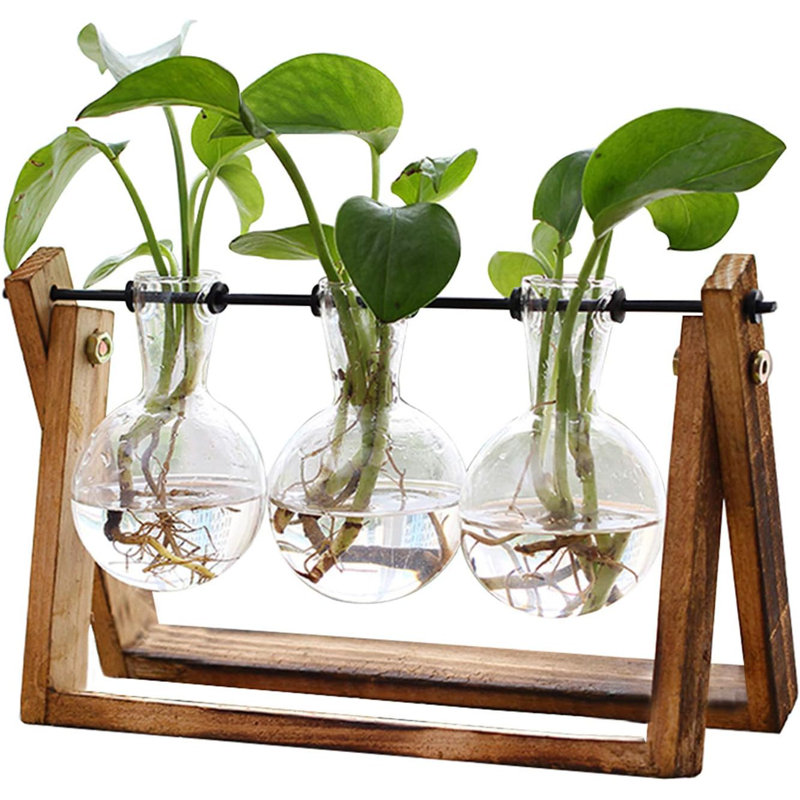 Plant Terrarium With Wooden Stand, Air Planter Bulb Glass Vase Metal Swivel Holder Retro Tabletop For Hydroponics Home Garden Office Decoration - 3 Bulb Vase