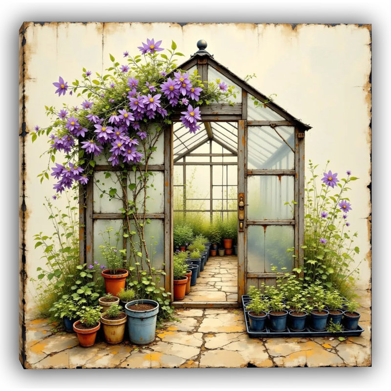 Serre rustique avec clématite mauve, reproduction sur toile, H 30 po x l 30 po