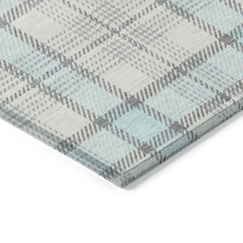 Sky Blue and Gray Synthetic Washable Plaid Area Rug