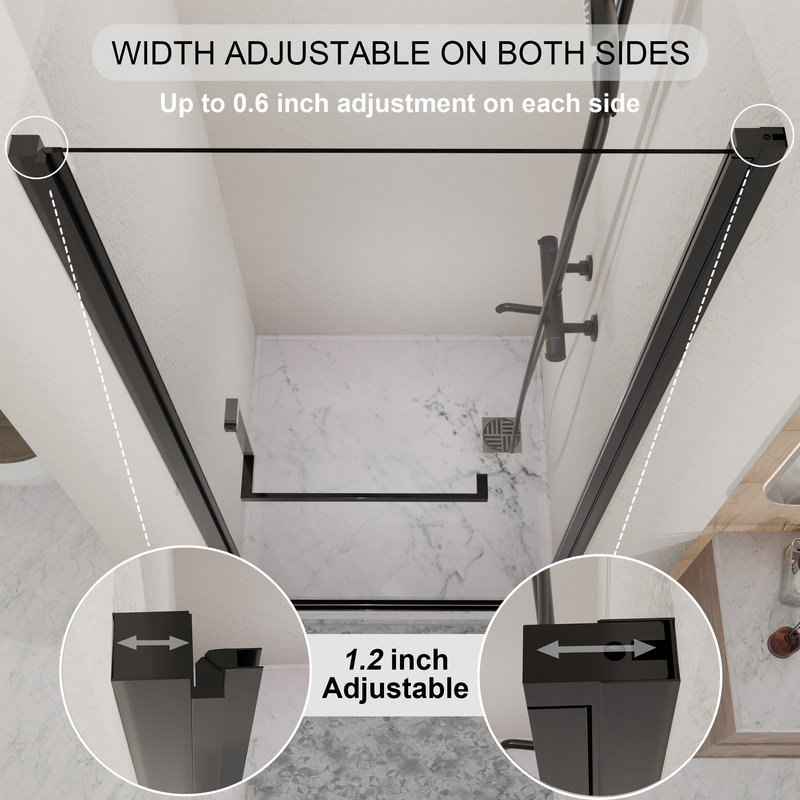 Porte de douche à pivot demi-sans cadre H 34 po x l 72 po VEVOR, verre trempé de 1/4 po, largeur réglable de 1,2 po, installation réversible, finition noir mat, largeur d'ouverture de 30,2 po