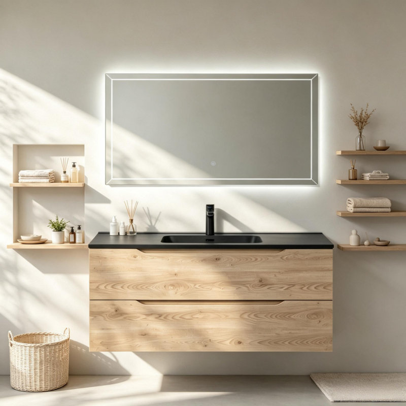 Meuble-lavabo suspendu à lavabo simple de 91 cm (36 po) avec lavabo noir, style contemporain Evita Oak avec rangement dissimulé.