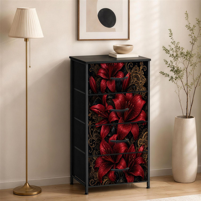 Commode à 4 tiroirs pour la chambre à coucher Élégants lys rouges Dentelle dorée Détails Petite petite commode à vêtements pour organisateurs de placard avec commode