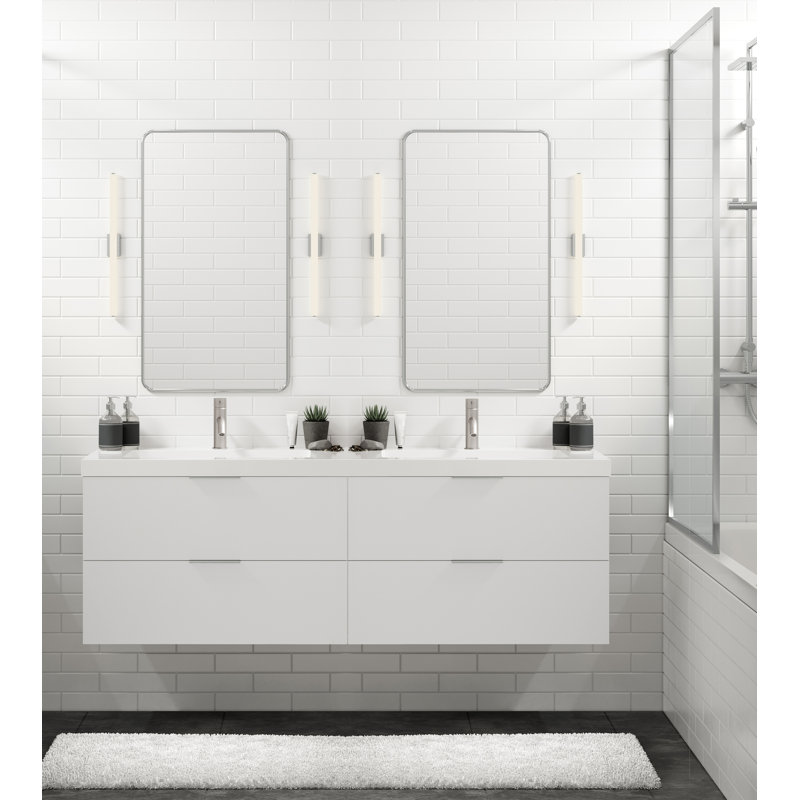 Avila 72" W Wall Mounted Double Bathroom Vanity, Gloss White/8" Widespread, White Acrylic, Satin Nickel