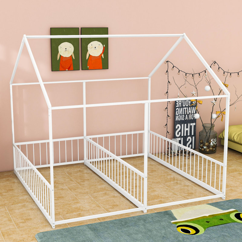 Lits plateforme simple et simple en métal avec clôture, Blanc