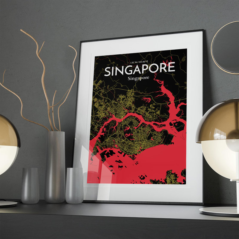 Singapore City Map in Contrast 1 Piece Wall Art, 27.6cm H x 19.7cm W x 0.05cm D
