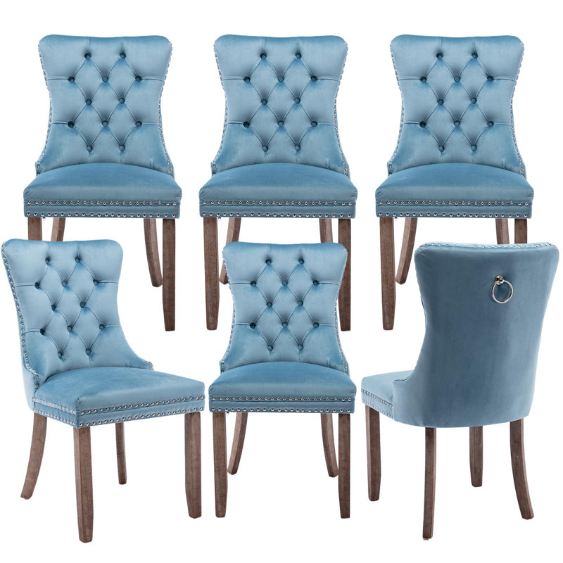 Light Blue Velvet Tufted Dining Chairs with Wood Legs, Set of 6