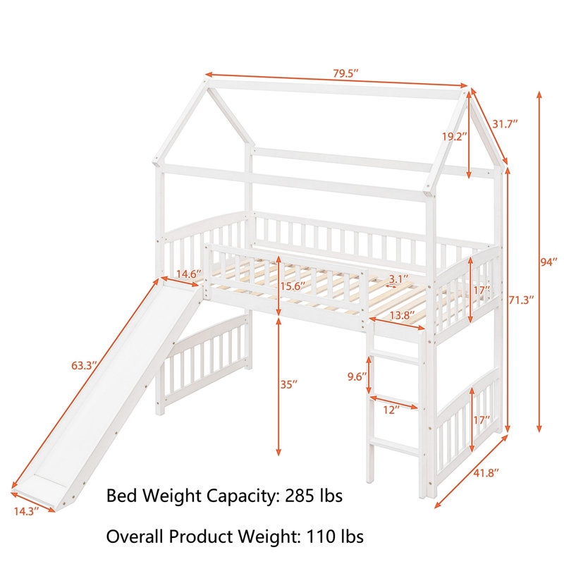 Twin Size Low Loft Bed With Slide, White