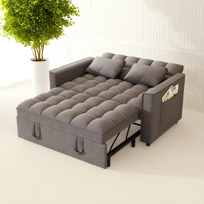 Canapé-lit convertible en velours avec dossier inclinable et poches de rangement, causeuse peu encombrante, Gris foncé