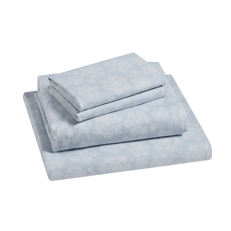 Ensemble de draps en flanelle de coton 4 pièces Snowflake, Ensemble de drap pour lit très grand avec drap-ho, Bleu