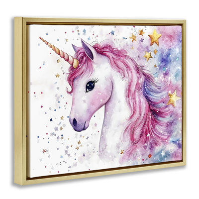 Licorne à crinière rose avec cadre flottant étoiles, design Creative Studio