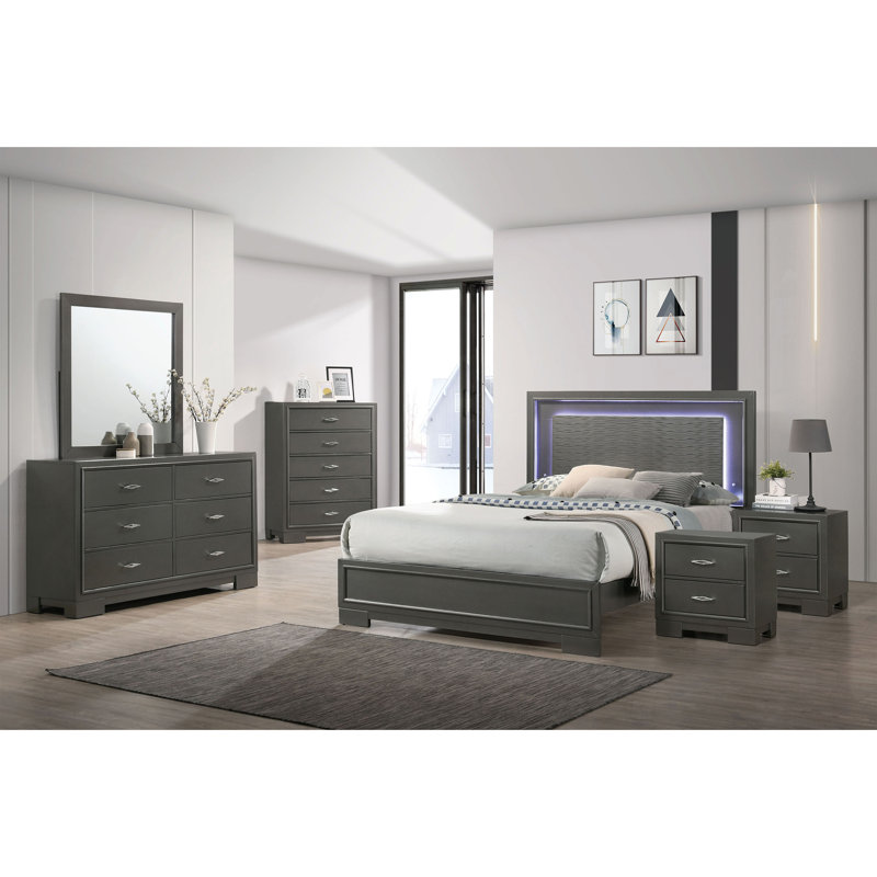 Ensemble de chambre à coucher Anjelyna, Très grand lit, Six articles : lit, deux tables de chevet, deux c